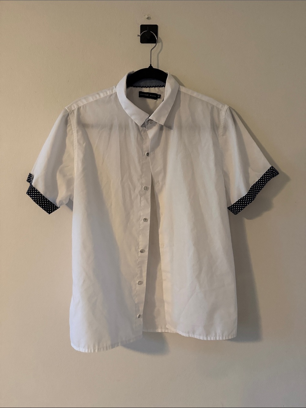 White Short-Sleeve Button-Down Shirt with Polka Dot Cuff Detail